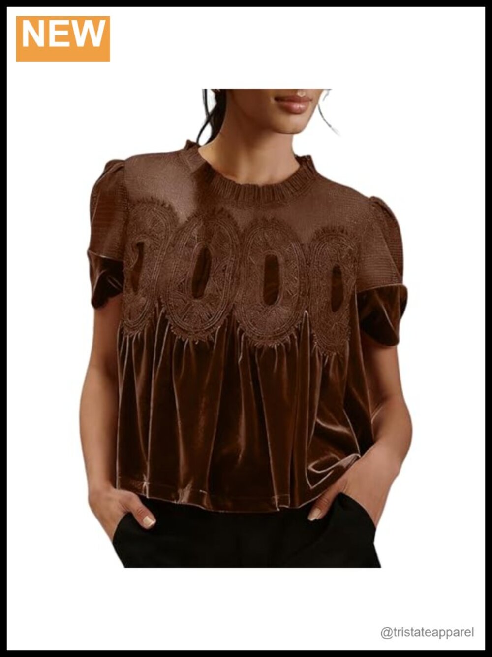 Women's Velvet Lace Babydoll Top Short Sleeve Pleated Swing Blouse Loose Fit